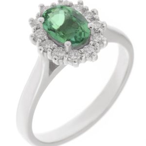 Crystal classic oval shape cut emerald with round brilliant cut diamond halo cluster claw set ring platinum gold