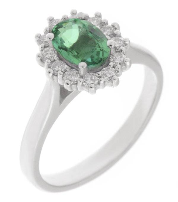 Crystal classic oval shape cut emerald with round brilliant cut diamond halo cluster claw set ring platinum gold