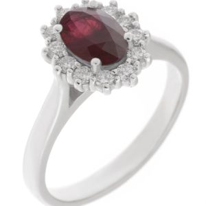 Crystal classic oval shape cut Red Ruby with round brilliant cut diamond halo cluster claw set ring platinum gold