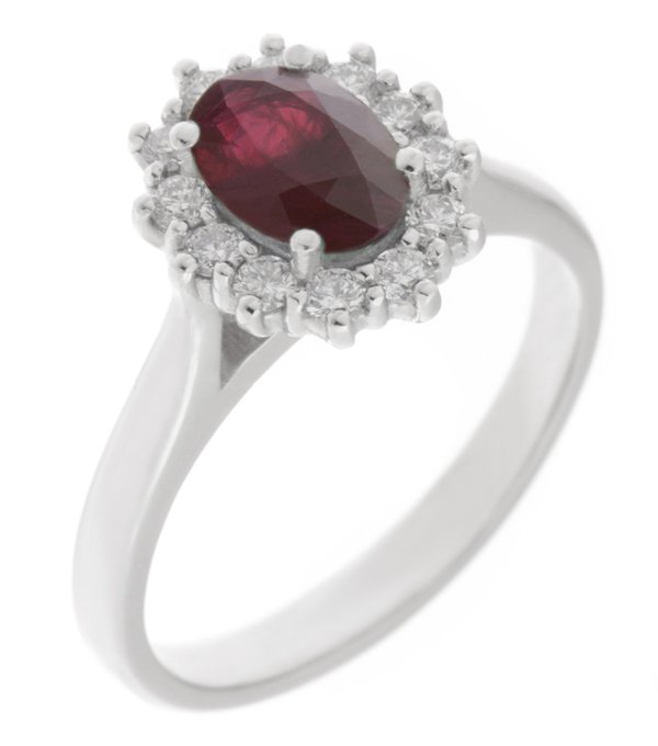 Crystal classic oval shape cut Red Ruby with round brilliant cut diamond halo cluster claw set ring platinum gold