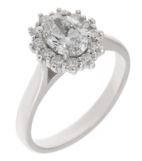 Crystal classic oval shape cut Diamond with round brilliant cut diamonds halo cluster claw set ring platinum gold