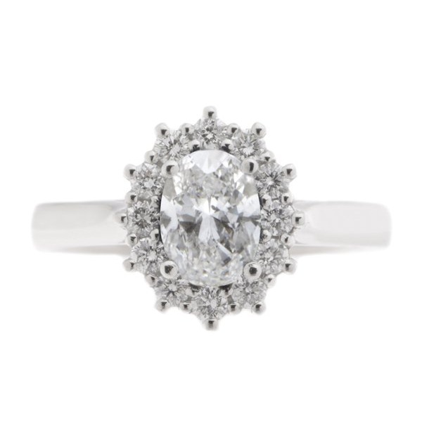 Crystal classic oval shape cut Diamond with round brilliant cut diamonds halo cluster claw set ring platinum gold