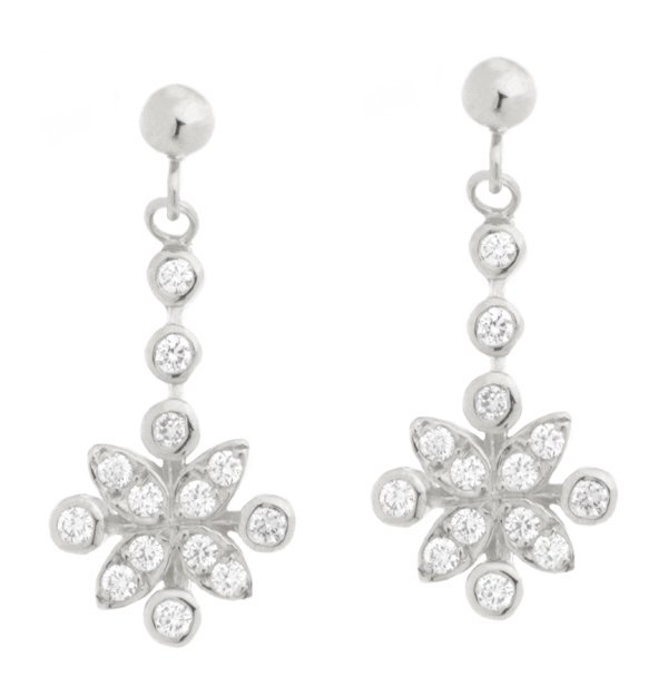Art deco petal floral flower style drop round brilliant cut diamond cluster earrings designer platinum gold