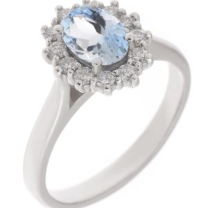 Crystal classic oval shape cut Aqua Aquamarine with round brilliant cut diamond halo cluster claw set ring platinum gold