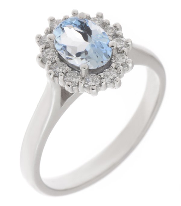Crystal classic oval shape cut Aqua Aquamarine with round brilliant cut diamond halo cluster claw set ring platinum gold