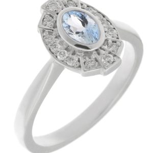vintage fan art deco style cluster ring oval shape Aqua Aquamarine & halo round brilliant cut diamonds 1920's design Platinum Gold
