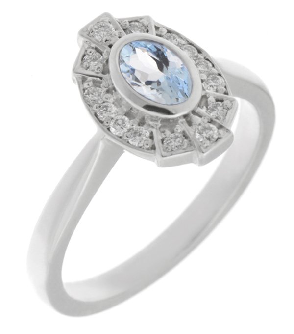 vintage fan art deco style cluster ring oval shape Aqua Aquamarine & halo round brilliant cut diamonds 1920's design Platinum Gold