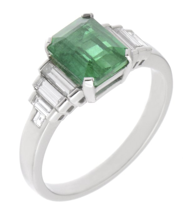 Classic art deco style modern ring large Green Emerald cut step baguette cut diamonds engagement 1920's platinum gold