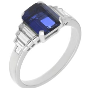 Classic art deco style modern ring large Blue Sapphire cut step baguette cut diamonds engagement 1920's platinum gold
