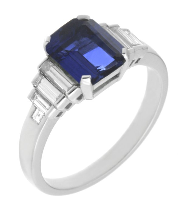 Classic art deco style modern ring large Blue Sapphire cut step baguette cut diamonds engagement 1920's platinum gold