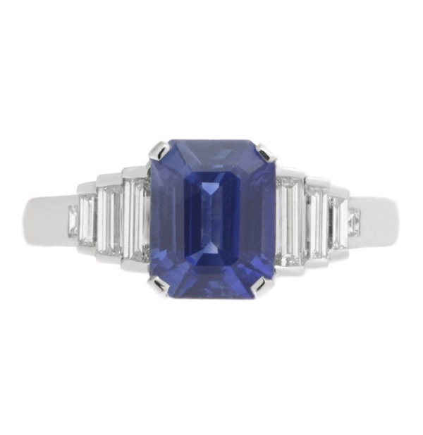 Classic art deco style modern ring large Blue Sapphire cut step baguette cut diamonds engagement 1920's platinum gold