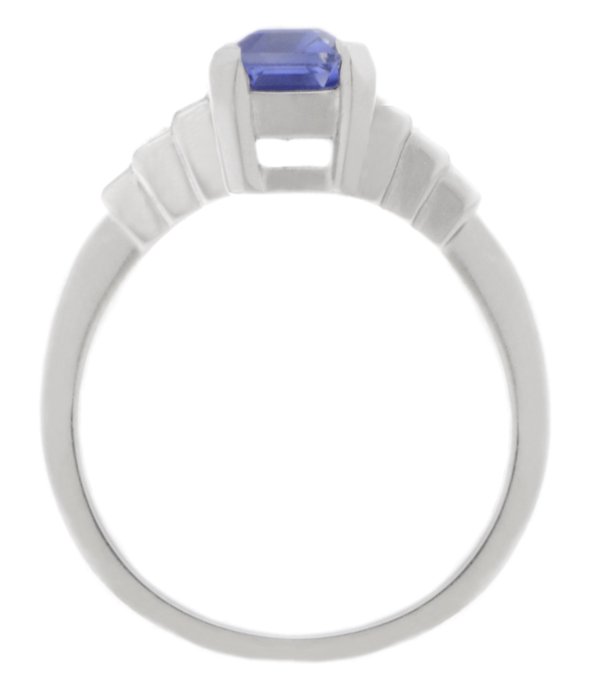Classic art deco style modern ring large Blue Sapphire cut step baguette cut diamonds engagement 1920's platinum gold