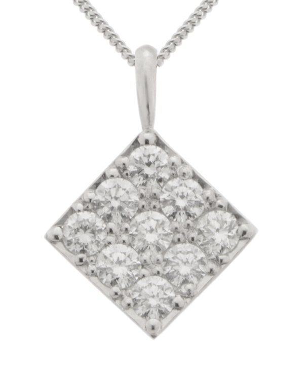 Square Shaped shape Modern style designer Contemporary Round Brilliant cut Diamond Cluster angled Pendant Platinum Gold