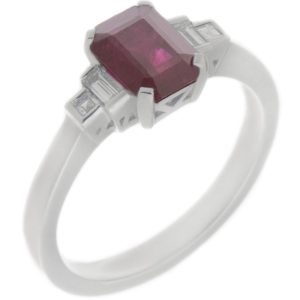 Classic art deco style modern ring emerald step cut Ruby centre stone stepped graduated baguette cut diamond shoulders platinum gold