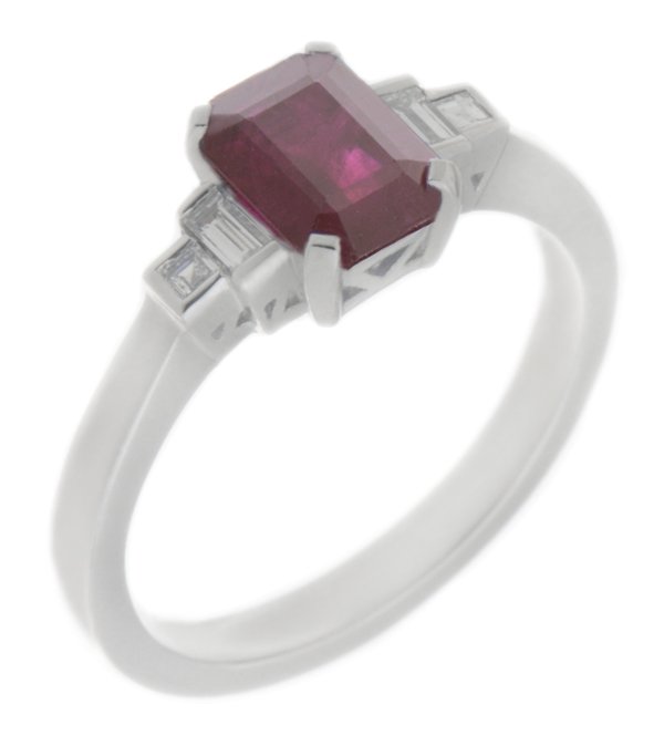 Classic art deco style modern ring emerald step cut Ruby centre stone stepped graduated baguette cut diamond shoulders platinum gold