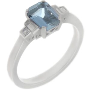 Classic art deco cluster style modern ring emerald step cut Aqua Aquamarine stone stepped graduated baguette cut diamond shoulders platinum gold