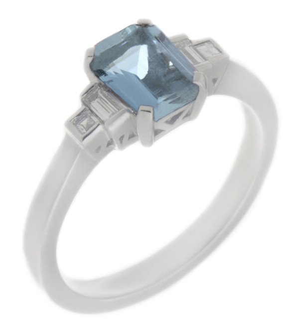 Classic art deco cluster style modern ring emerald step cut Aqua Aquamarine stone stepped graduated baguette cut diamond shoulders platinum gold