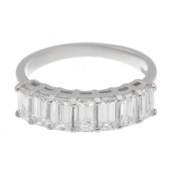 1920's art deco style seven stone Emerald step cut Diamond eternity ring with claw settings Platinum Gold
