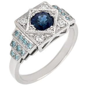 Art Deco vintage style cluster ring round blue sapphire centre stone white diamonds ice blue engagement cluster stepped Platinum