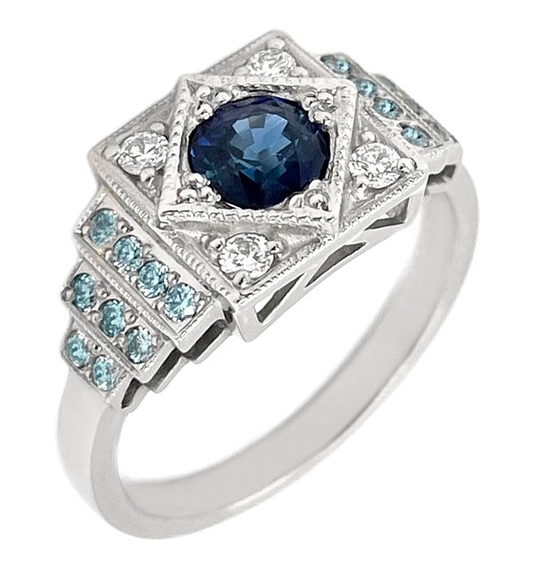 Art Deco vintage style cluster ring round blue sapphire centre stone white diamonds ice blue engagement cluster stepped Platinum