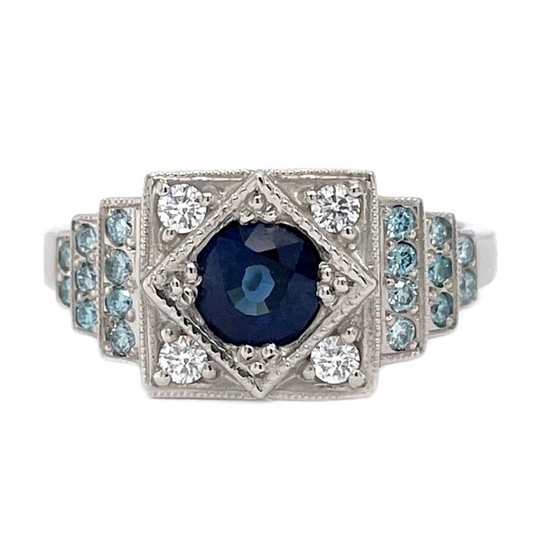 Art Deco vintage style cluster ring round blue sapphire centre stone white diamonds ice blue engagement cluster stepped Platinum