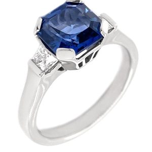 Classic art deco style modern ring Asscher cut Blue Sapphire Trapeze cut diamonds engagement 1920's platinum