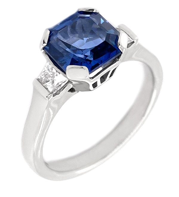 Classic art deco style modern ring Asscher cut Blue Sapphire Trapeze cut diamonds engagement 1920's platinum