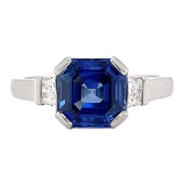 Classic art deco style modern ring Asscher cut Blue Sapphire Trapeze cut diamonds engagement 1920's platinum
