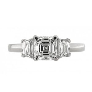 classic 1920's art deco style engagement ring Asscher cut modified emerald Diamond Cadillac stepped diamonds Platinum