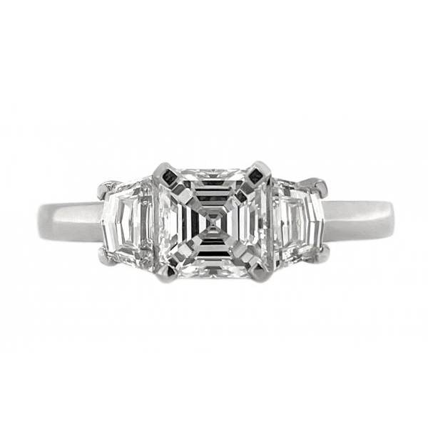 classic 1920's art deco style engagement ring Asscher cut modified emerald Diamond Cadillac stepped diamonds Platinum