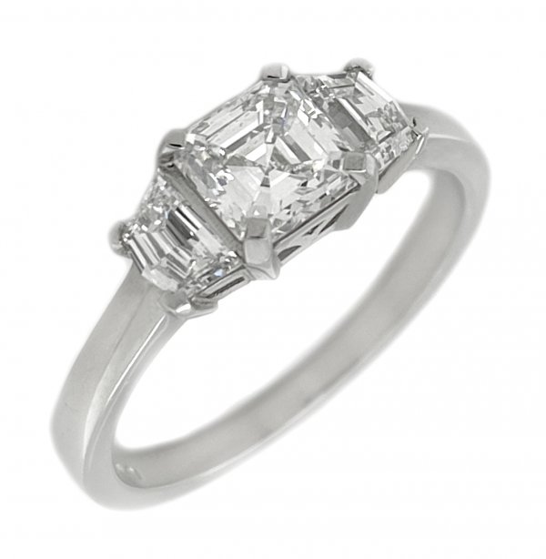 classic 1920's art deco style engagement ring Asscher cut modified emerald Diamond Cadillac stepped diamonds Platinum