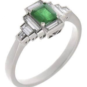 Classic art deco style modern ring green emerald step cut centre stone stepped baguette cut diamonds cluster setting platinum gold