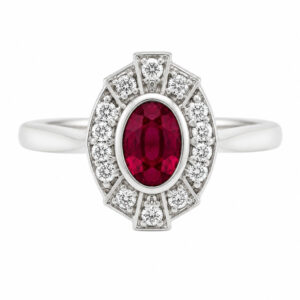 vintage fan art deco style cluster ring oval shape Ruby halo round brilliant cut diamonds 1920's design Platinum Gold