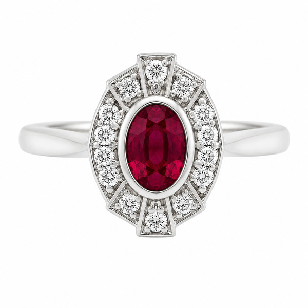 vintage fan art deco style cluster ring oval shape Ruby halo round brilliant cut diamonds 1920's design Platinum Gold