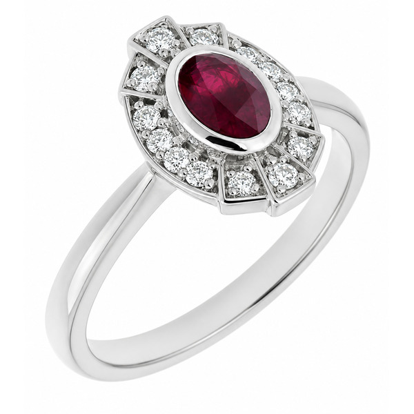 vintage fan art deco style cluster ring oval shape Ruby halo round brilliant cut diamonds 1920's design Platinum Gold