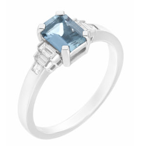 Classic art deco style modern ring Emerald cut Aqua Aquamarine step baguette cut diamonds engagement 1920's platinum gold