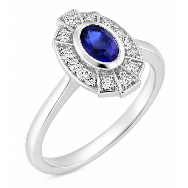 vintage fan art deco style cluster ring oval shape Blue Sapphire & halo round brilliant cut diamonds 1920's design Platinum Gold