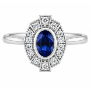 vintage fan art deco style cluster ring oval shape Blue Sapphire & halo round brilliant cut diamonds 1920's design Platinum Gold