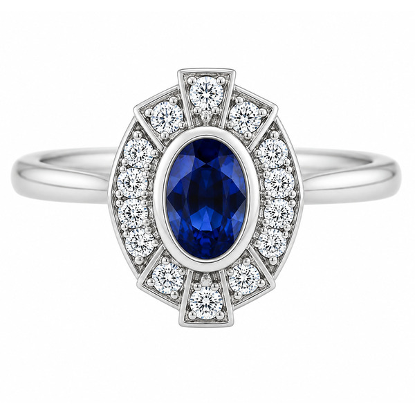 vintage fan art deco style cluster ring oval shape Blue Sapphire & halo round brilliant cut diamonds 1920's design Platinum Gold