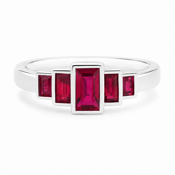 classic Art Deco style half eternity Ruby ring baguette cut rubies rubover 5 five stone designer platinum gold