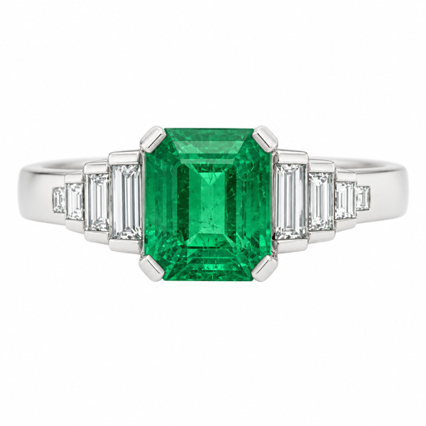 Classic art deco style modern ring large Green Emerald cut step baguette cut diamonds engagement 1920's platinum gold