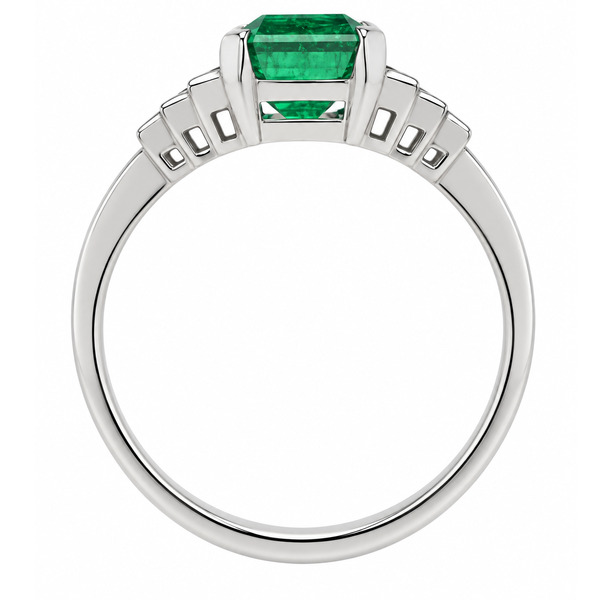 Classic art deco style modern ring large Green Emerald cut step baguette cut diamonds engagement 1920's platinum gold