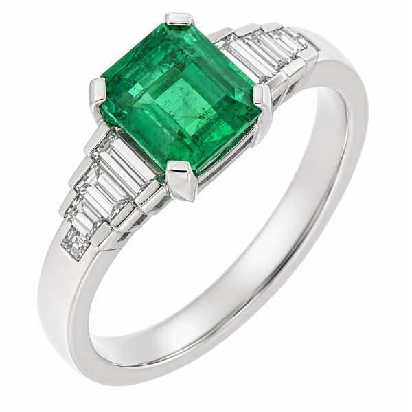 Classic art deco style modern ring large Green Emerald cut step baguette cut diamonds engagement 1920's platinum gold