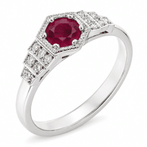 Classic 1920's art deco style engagement ring round Ruby hexagon set diamond stepped shoulders platinum gold