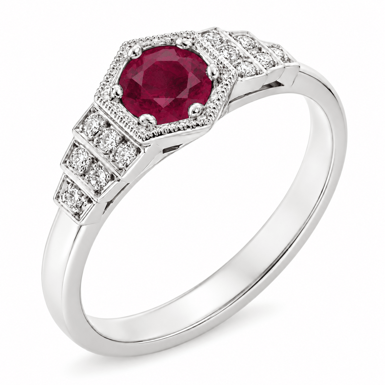 Classic 1920's art deco style engagement ring round Ruby hexagon set diamond stepped shoulders platinum gold