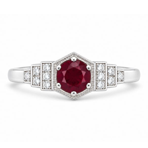 Classic 1920's art deco style engagement ring round Ruby hexagon set diamond stepped shoulders platinum gold