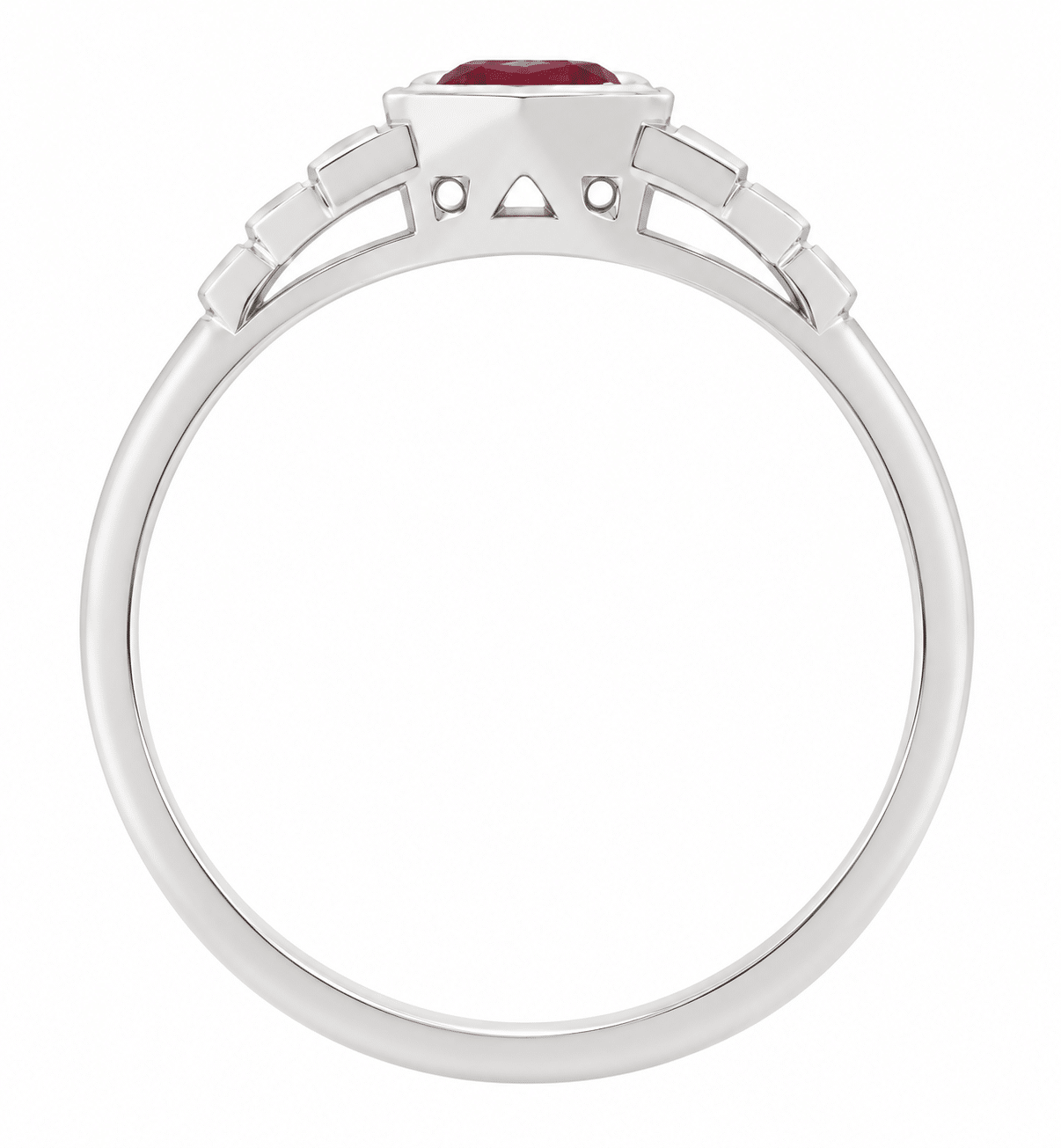 Classic 1920's art deco style engagement ring round Ruby hexagon set diamond stepped shoulders platinum gold