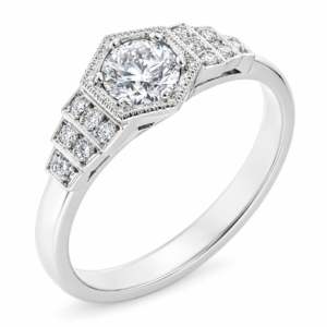 Classic 1920's art deco style engagement ring round brilliant cut diamond hexagon set centre stepped shoulders platinum gold