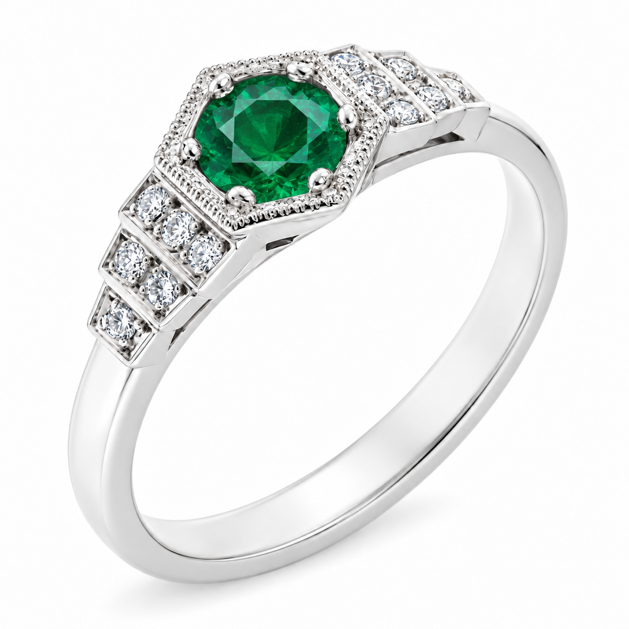 Classic 1920's art deco style engagement ring round green emerald hexagon set diamond stepped shoulders platinum gold