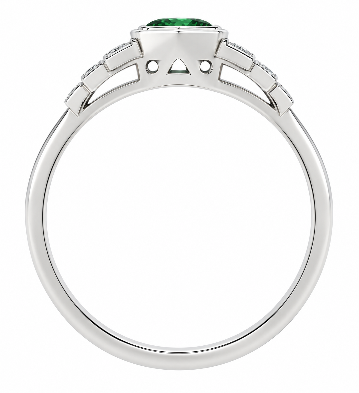 Classic 1920's art deco style engagement ring round green emerald hexagon set diamond stepped shoulders platinum gold